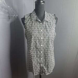 Talbots Black and White Patterned Button Down sleeveless shirt